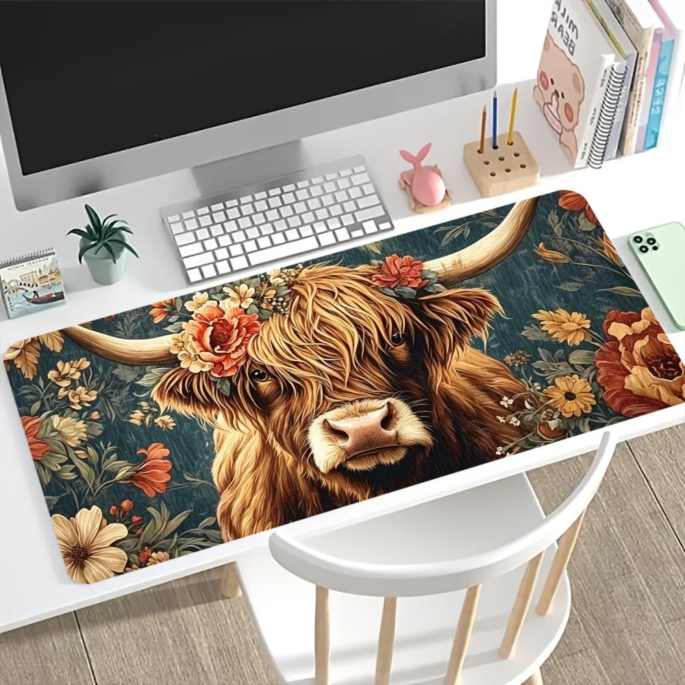 Desk Setup Laptop And Pc - Mouse Pad Floral Vintage Highland Cow